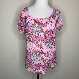 ModCloth Pink Floral Sheer Chiffon Blouse Sz Large Off Shoulder